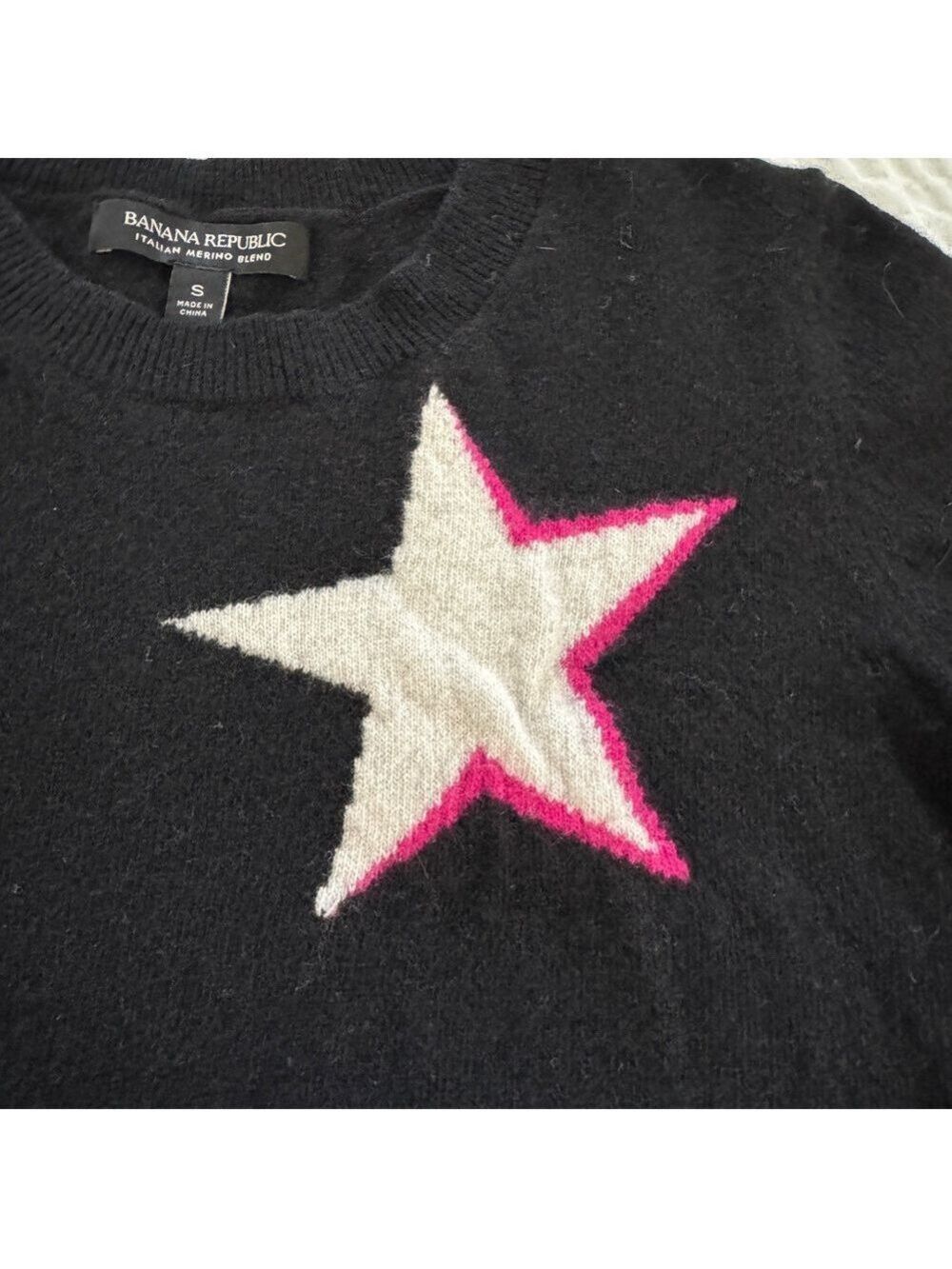 Banana Republic Italian Merino Wool Crewneck Stars Sweater, Black, Size Small - Picture 7 of 9